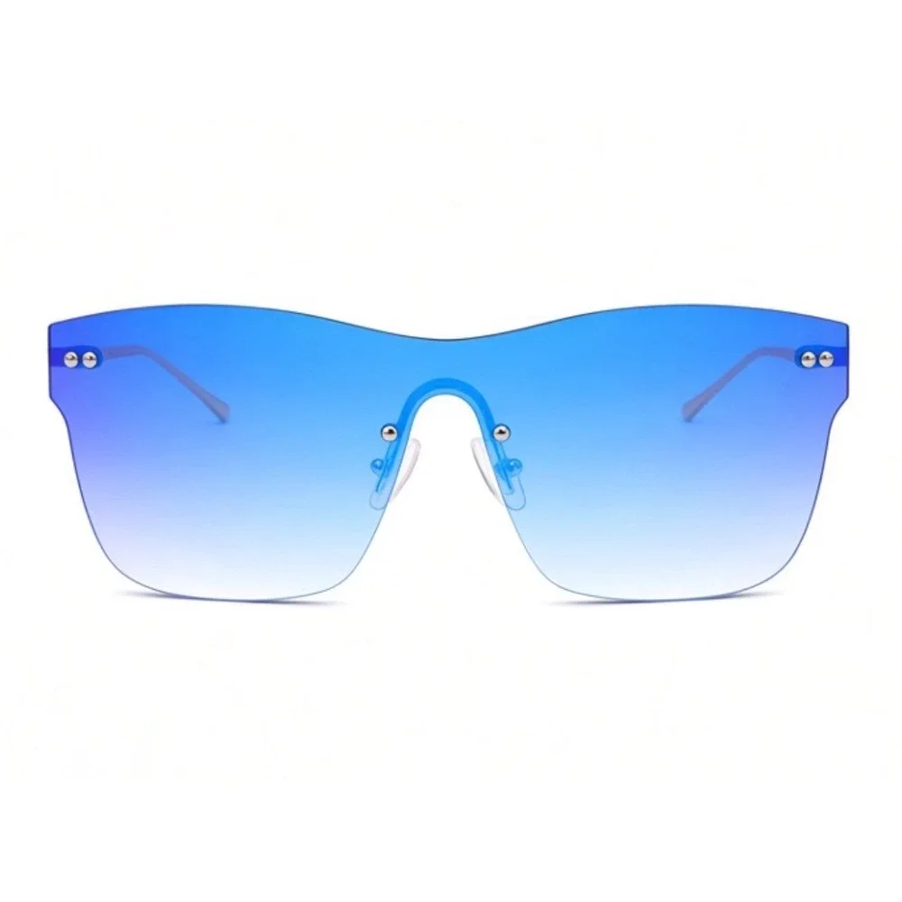 Mens Rimless Shield Sunglasses Blue Gradient Gold Metal Frame Oversized Square